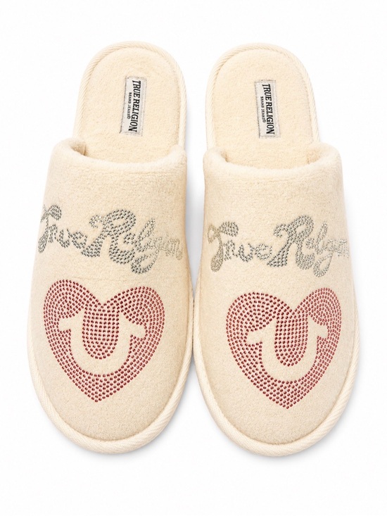 True Religion Shoes - True Religion Cream Slippers with Red Crystal Heart and Silver Logo